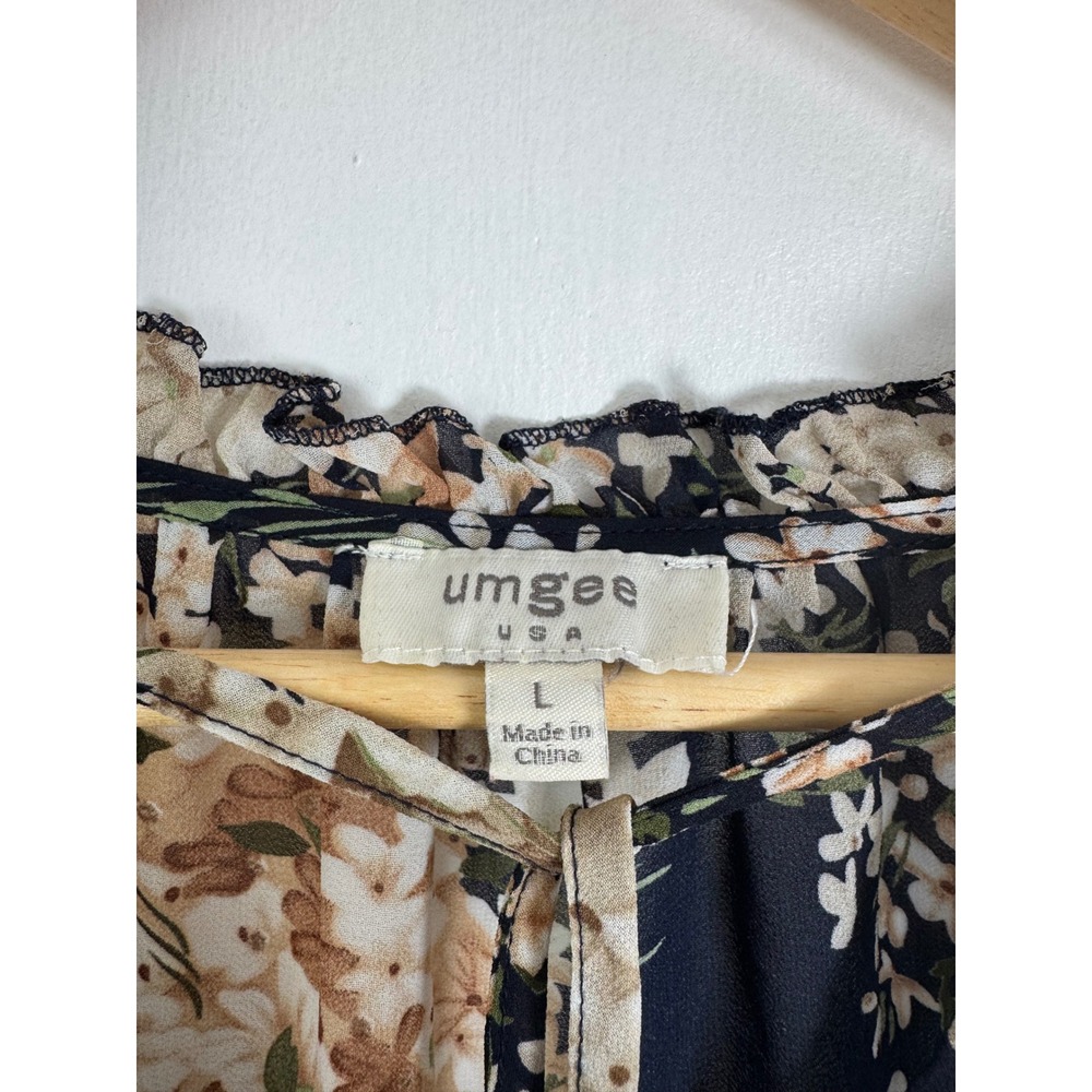 Boho Umgee Womens L Blouse Navy Floral Ruffle Peplum Tassel Chiffon C2536 - Picture 3 of 9